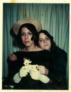 Me and my "hippie sister" in matching dark-green dresses.