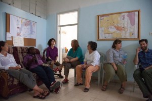 Our delegates in the Hebron guest quarters prior to a Reflection, with Suella, Wilbur, Lisa Jo, Eva Rosa (a reservist for CPT) the author, Amy our fearless leader, and Matt (who looks like he’s having a good time). 